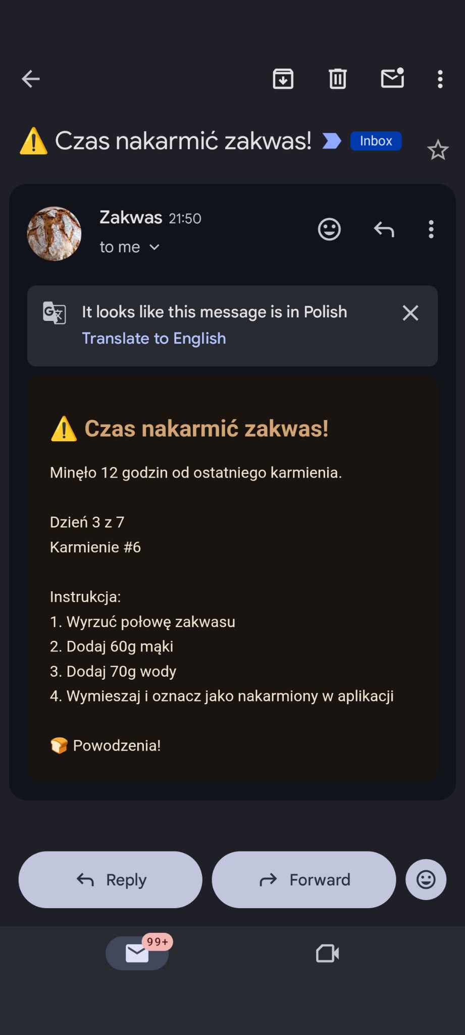 Email notification demo showing dough is ready